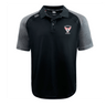 The Superior Rugby Club Elite Polo by EMB Canterbury is a black and grey short-sleeve rugby shirt with moisture-wicking Vapodri fabric, "Superior Rugby" logo on the left chest, and Canterbury logo on the right shoulder.