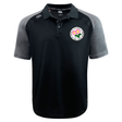 The Society of Iowa Rugby Referees Elite Polo by Canterbury features a black and gray short-sleeve design with a collar and button placket, crafted from high-performance Vapodri fabric. This custom-made shirt, by EMB Canterbury, showcases a floral crest patch on the left chest and the brand logo on the right shoulder.