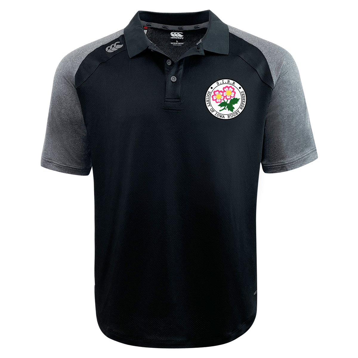 The Society of Iowa Rugby Referees Elite Polo by Canterbury features a black and gray short-sleeve design with a collar and button placket, crafted from high-performance Vapodri fabric. This custom-made shirt, by EMB Canterbury, showcases a floral crest patch on the left chest and the brand logo on the right shoulder.