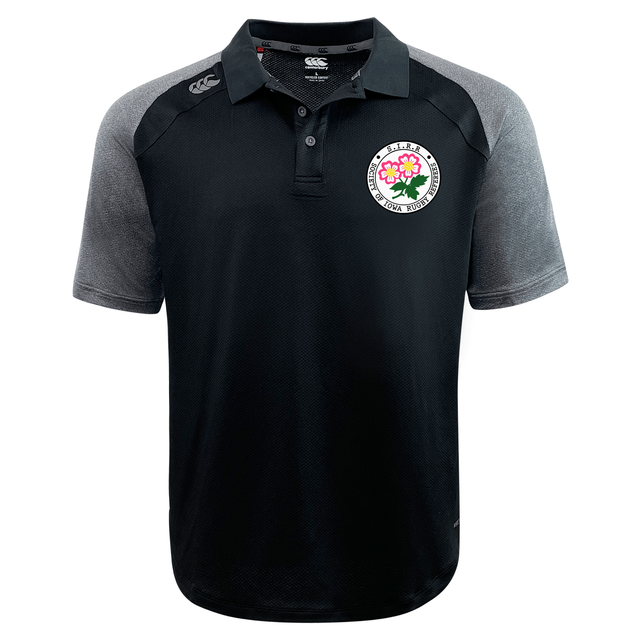 The Society of Iowa Rugby Referees Elite Polo by Canterbury features a black and gray short-sleeve design with a collar and button placket, crafted from high-performance Vapodri fabric. This custom-made shirt, by EMB Canterbury, showcases a floral crest patch on the left chest and the brand logo on the right shoulder.