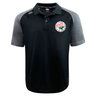 The Society of Iowa Rugby Referees Elite Polo by Canterbury features a black and gray short-sleeve design with a collar and button placket, crafted from high-performance Vapodri fabric. This custom-made shirt, by EMB Canterbury, showcases a floral crest patch on the left chest and the brand logo on the right shoulder.