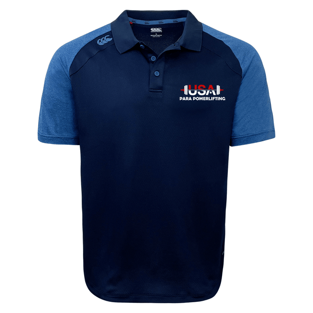 The USA Para Powerlifting Elite Polo by EMB Canterbury features navy and light blue Vapodri fabric, lightweight durable construction, a "USA Para Powerlifting" logo on the left chest, and a "CCC" logo on the right shoulder.