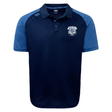 The Milwaukee Barbarians Rugby Elite Polo by EMB Canterbury is a navy and light blue short-sleeve shirt with a collar, button placket, moisture-wicking Vapodri fabric, and the team logo on the left chest.