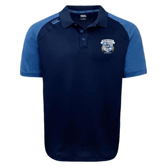 The Milwaukee Barbarians Rugby Elite Polo by EMB Canterbury is a navy and light blue short-sleeve shirt with a collar, button placket, moisture-wicking Vapodri fabric, and the team logo on the left chest.
