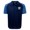 The Milwaukee Barbarians Rugby Elite Polo by EMB Canterbury is a navy and light blue short-sleeve shirt with a collar, button placket, moisture-wicking Vapodri fabric, and the team logo on the left chest.