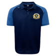 The Old Man Rivah Rugby Elite Polo by EMB Canterbury features navy and light blue short sleeves, a collar, and an embroidered lion crest with "Old Man Rugby." Made from lightweight Vapodri fabric for comfort.