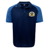 The Old Man Rivah Rugby Elite Polo by EMB Canterbury features navy and light blue short sleeves, a collar, and an embroidered lion crest with "Old Man Rugby." Made from lightweight Vapodri fabric for comfort.