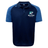 The EMB Canterbury NC Rugby Academy - Megalodons Elite Polo features navy and blue short sleeves, a "MEGALODONS RUGBY ACADEMY" logo with shark graphic on the left chest, and moisture-wicking Vapodri fabric for comfort.