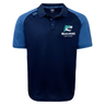 The EMB Canterbury NC Rugby Academy - Megalodons Elite Polo features navy and blue short sleeves, a "MEGALODONS RUGBY ACADEMY" logo with shark graphic on the left chest, and moisture-wicking Vapodri fabric for comfort.