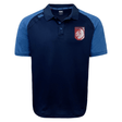 The Montgomery Bucks Griffins Elite Polo by EMB Canterbury is a navy and light blue short-sleeve polo with a lion crest on the left chest, Vapodri fabric for comfort, and a small logo on the right shoulder.