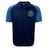 The Saint Anselm College Club Rugby Elite Polo by EMB Canterbury features navy and light blue short sleeves, a button-up collar, and a white circular "A" logo. Made with Vapodri fabric for moisture wicking and all-day comfort.