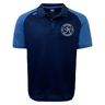 The Saint Anselm College Club Rugby Elite Polo by EMB Canterbury features navy and light blue short sleeves, a button-up collar, and a white circular "A" logo. Made with Vapodri fabric for moisture wicking and all-day comfort.