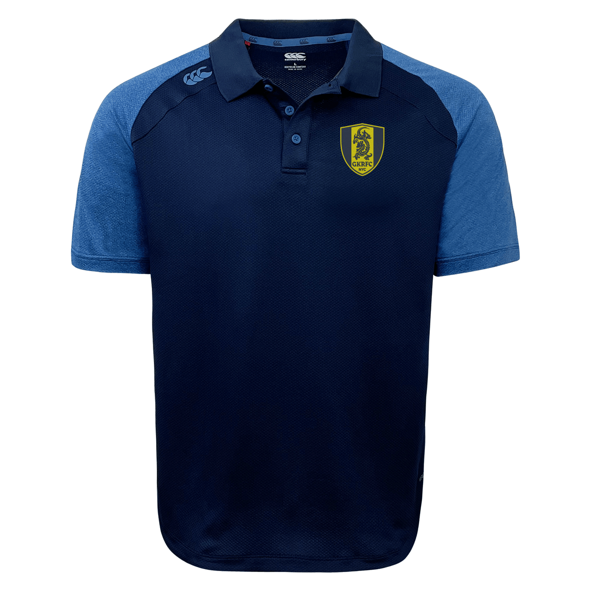 The Gotham Knights Elite Polo by Canterbury from EMB Canterbury features a navy blue and light blue design, short sleeves, a logo on the left chest, and is crafted from lightweight, moisture-wicking Vapodri fabrics.