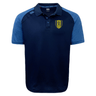 The Gotham Knights Elite Polo by Canterbury from EMB Canterbury features a navy blue and light blue design, short sleeves, a logo on the left chest, and is crafted from lightweight, moisture-wicking Vapodri fabrics.