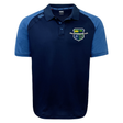 The Kingwood Rugby Elite Polo by EMB Canterbury in navy and light blue features Vapodri fabric for moisture wicking, plus an embroidered crest on the left chest and logo on the right shoulder.