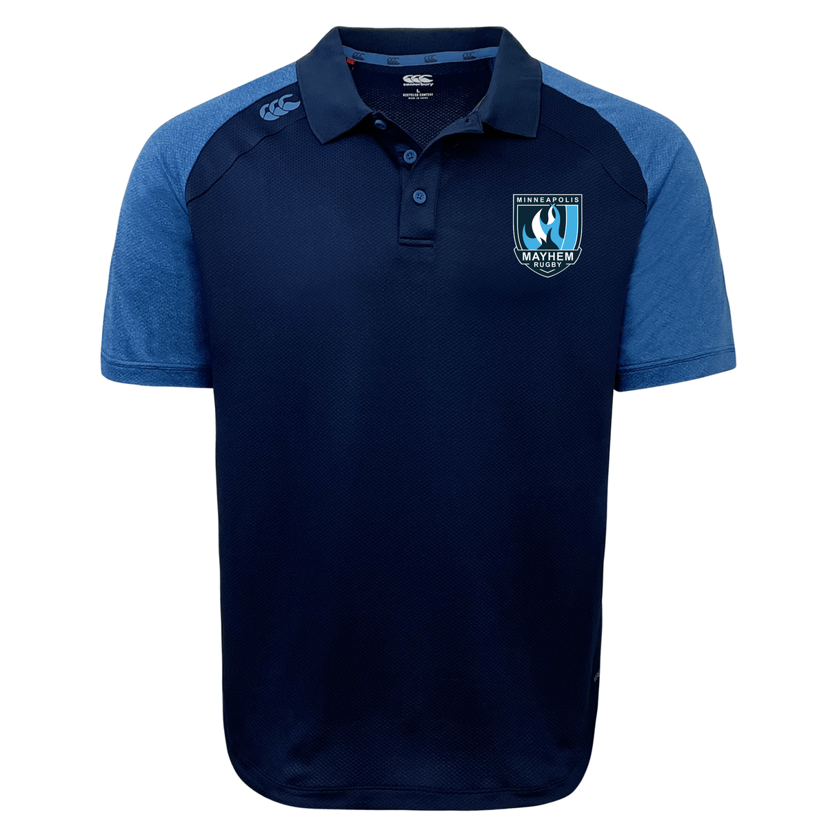 The Minneapolis Mayhem Rugby Elite Polo by EMB Canterbury features a navy blue and light blue design with short sleeves, showcasing the “Minneapolis Mayhem” logo on the chest and the “Canterbury” logo on the shoulder. Made from lightweight Vapodri fabric, this polo delivers exceptional comfort both on and off the field.