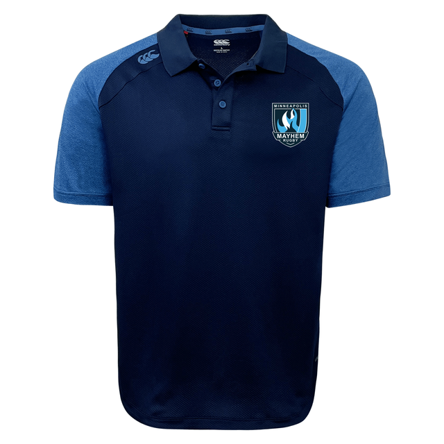 The Minneapolis Mayhem Rugby Elite Polo by EMB Canterbury features a navy blue and light blue design with short sleeves, showcasing the “Minneapolis Mayhem” logo on the chest and the “Canterbury” logo on the shoulder. Made from lightweight Vapodri fabric, this polo delivers exceptional comfort both on and off the field.