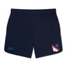 The American University Elite Woven Short by Canterbury, in navy blue, features a logo on the right leg, a small design element on the left leg, and zipped pockets for added convenience. Enjoy lightweight comfort during your workouts with this EMB Canterbury product.