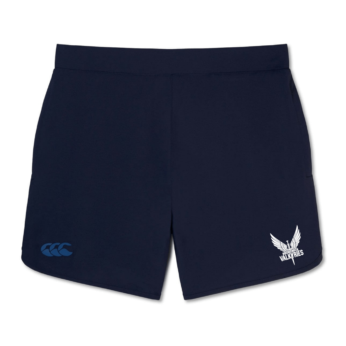 The Brunswick Valkyries Elite Woven Short by EMB Canterbury features a white "Valkyries" logo and a blue Canterbury emblem, making it perfect for enhancing your training experience.
