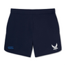 The Brunswick Valkyries Elite Woven Short by EMB Canterbury features a white "Valkyries" logo and a blue Canterbury emblem, making it perfect for enhancing your training experience.