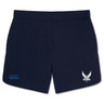 The Brunswick Valkyries Women's Elite Woven Short by EMB Canterbury presents navy blue athletic shorts that provide lightweight comfort. Featuring a stylized winged logo on the right and a smaller one on the left, these shorts also include zippered pockets—all presented against a plain white background.