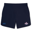 The Capital Selects Elite Woven Short by EMB Canterbury in navy blue showcases a logo on the left leg and a star emblem on the right leg, providing lightweight comfort and convenient zippered pockets.