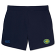The Carmel Rugby Elite Woven Shorts by Canterbury, in navy blue, showcase the Canterbury logo on the left and a yellow "Armen Rugby" badge on the right, providing lightweight comfort and flexibility.