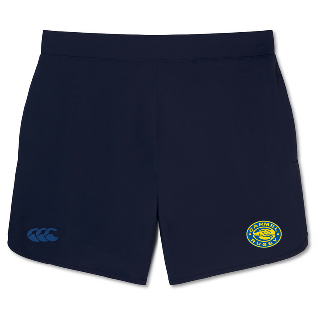The Carmel Rugby Elite Woven Shorts by Canterbury, in navy blue, showcase the Canterbury logo on the left and a yellow "Armen Rugby" badge on the right, providing lightweight comfort and flexibility.