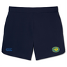 The Carmel Rugby Elite Woven Shorts by Canterbury, in navy blue, showcase the Canterbury logo on the left and a yellow "Armen Rugby" badge on the right, providing lightweight comfort and flexibility.