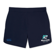 The NC Rugby Academy - Megalodons Elite Woven Short by EMB Canterbury features zippered pockets, a blue Canterbury logo, and the Megalodons Rugby Academy logo—ideal for training or daily comfort.