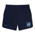 The Minneapolis Mayhem Rugby Elite Woven Short by EMB Canterbury features a navy blue design with the Minneapolis Mayhem Rugby logo on the right leg, a small Canterbury logo on the left leg, and convenient zippered pockets—making them perfect training shorts for your active routine.