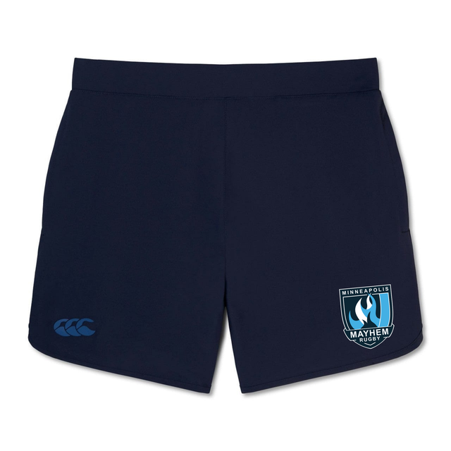 The Minneapolis Mayhem Rugby Elite Woven Short by EMB Canterbury features a navy blue design with the Minneapolis Mayhem Rugby logo on the right leg, a small Canterbury logo on the left leg, and convenient zippered pockets—making them perfect training shorts for your active routine.