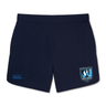 The Minneapolis Mayhem Rugby Elite Woven Short by EMB Canterbury features a navy blue design with the Minneapolis Mayhem Rugby logo on the right leg, a small Canterbury logo on the left leg, and convenient zippered pockets—making them perfect training shorts for your active routine.