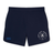 Navy blue New Saint Andrews College Elite Woven Shorts by EMB Canterbury, featuring a white New Saint Andrews RFC crest on the right leg and a blue Canterbury logo on the left leg. Designed for active performance, these shorts also include zippered pockets for secure storage.