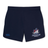Navy blue SUNY Maritime Men’s Rugby Elite Woven Short by Canterbury gym shorts featuring a Maritime Rugby logo on the right leg and a logo on the left leg.