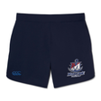 Navy blue SUNY Maritime Men’s Rugby Elite Woven Short by Canterbury gym shorts featuring a Maritime Rugby logo on the right leg and a logo on the left leg.