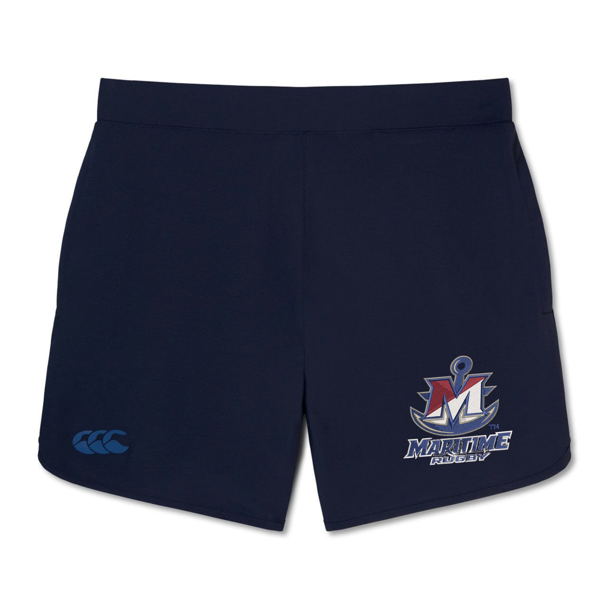 Navy blue SUNY Maritime Men’s Rugby Elite Woven Short by Canterbury gym shorts featuring a Maritime Rugby logo on the right leg and a logo on the left leg.