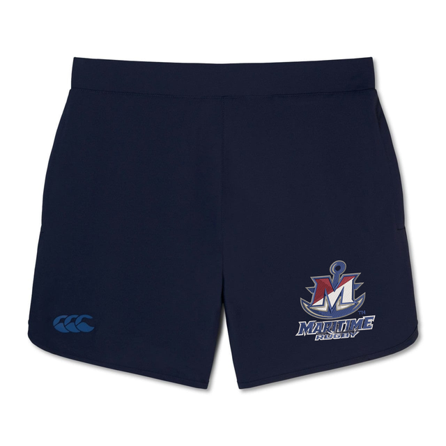 Navy blue SUNY Maritime Men’s Rugby Elite Woven Short by Canterbury gym shorts featuring a Maritime Rugby logo on the right leg and a logo on the left leg.