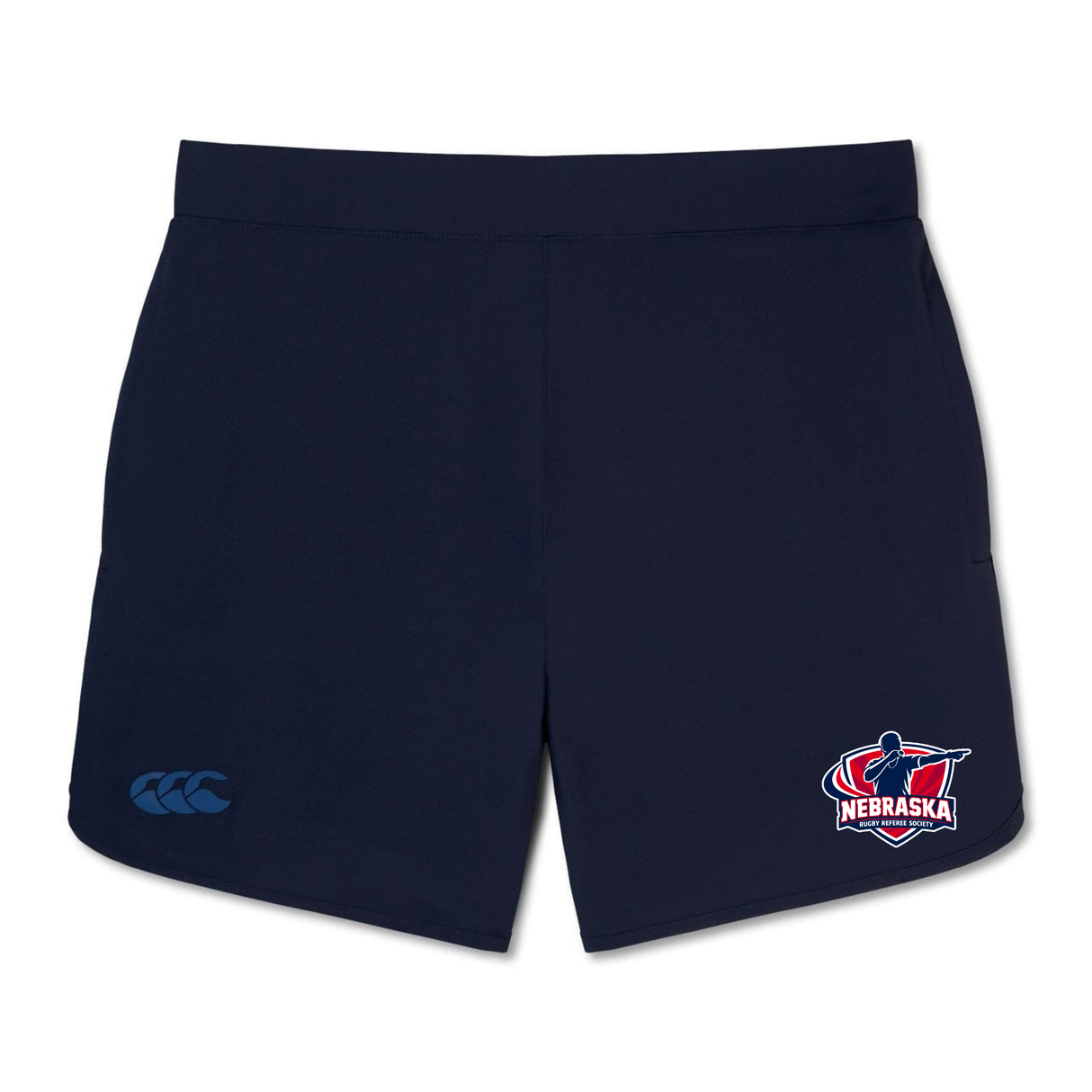 The Nebraska Rugby Referee Society Elite Woven Short by EMB Canterbury features a Nebraska logo on the right leg and a Canterbury logo on the left, ideal for training or gym use.