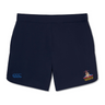 The Pittsburgh Harlequins Rugby Women's Elite Woven Short by EMB Canterbury, in dark navy, comes with a small blue logo on the left leg and a colorful emblem on the right. These shorts provide versatile gym comfort that is perfect for any training session.