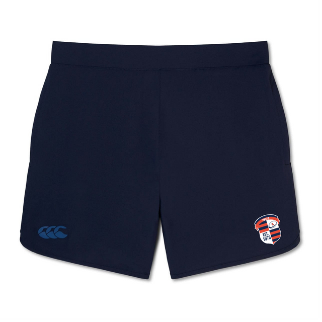 Introducing the Illinois Womens RFC Elite Woven Short by EMB Canterbury. These dark blue gym shorts offer lightweight comfort, featuring an "EST. 1873" logo on the left leg and a striking blue emblem on the right, perfect for any training session.