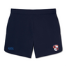 Introducing the Illinois Womens RFC Elite Woven Short by EMB Canterbury. These dark blue gym shorts offer lightweight comfort, featuring an "EST. 1873" logo on the left leg and a striking blue emblem on the right, perfect for any training session.