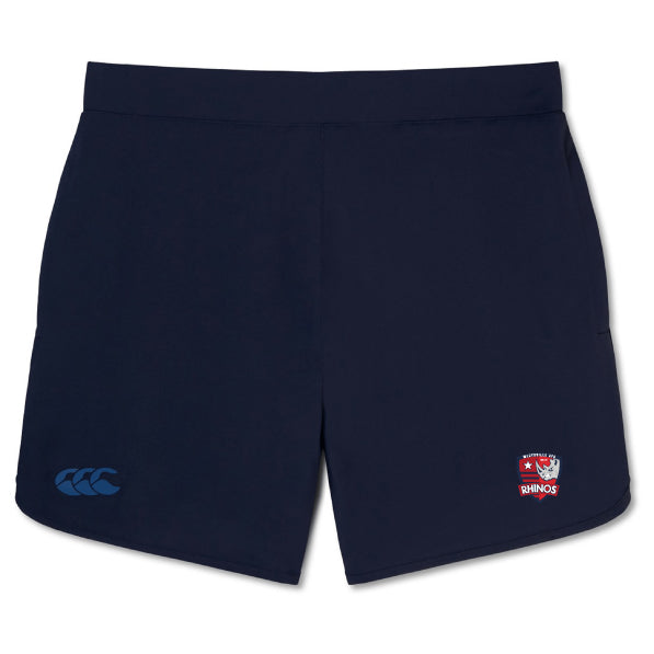 The Marysville Rhinos Elite Woven Short by EMB Canterbury, featuring the Canterbury logo on the left hem and the Rhinos logo on the right, are ideal for enhancing your training experience.