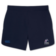 The Phoenix Storm RFC Elite Woven Short by EMB Canterbury in navy blue, adorned with the "Phoenix Storm" logo and a Canterbury logo, is perfect for enhancing your training experience.