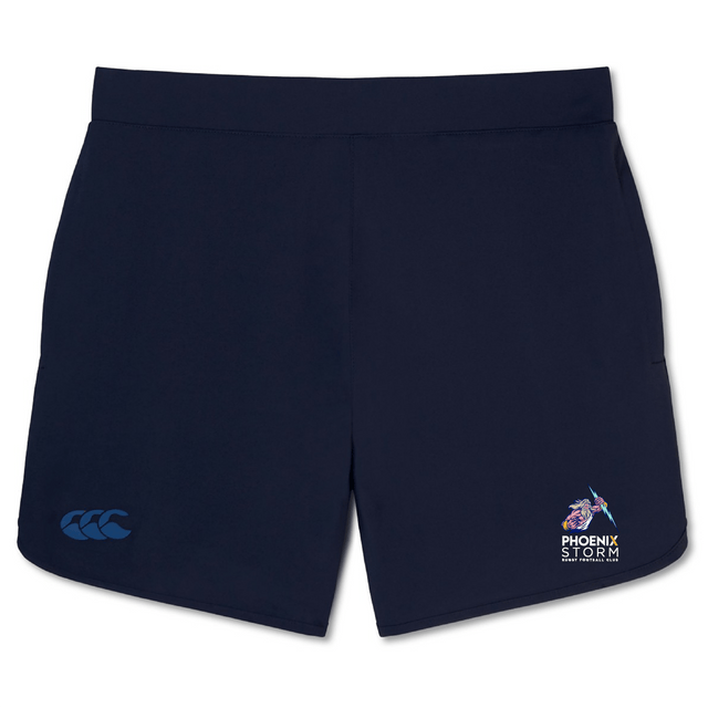 The Phoenix Storm RFC Elite Woven Short by EMB Canterbury in navy blue, adorned with the "Phoenix Storm" logo and a Canterbury logo, is perfect for enhancing your training experience.