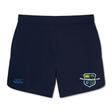 The Kingwood Rugby Elite Woven Short by EMB Canterbury is navy blue with a blue Canterbury logo on the left leg and a white-and-blue embroidered school crest on the right.