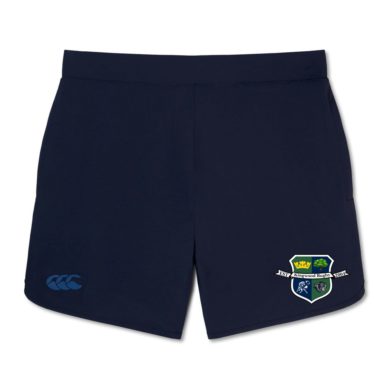 The Kingwood Rugby Elite Woven Short by EMB Canterbury is navy blue with a blue Canterbury logo on the left leg and a white-and-blue embroidered school crest on the right.