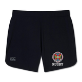 The Hampden Sydney College Elite Woven Short by Canterbury features a black design with the college crest and the word "RUGBY" printed on the left leg, making it perfect for elevating your training experience.
