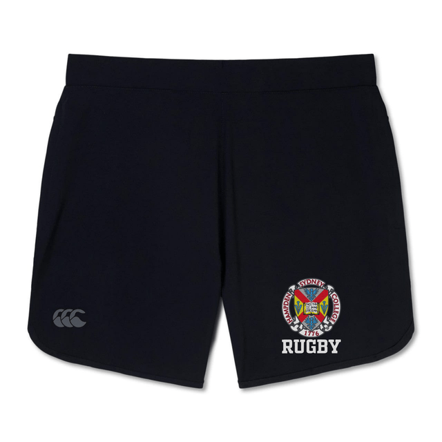 The Hampden Sydney College Elite Woven Short by Canterbury features a black design with the college crest and the word "RUGBY" printed on the left leg, making it perfect for elevating your training experience.