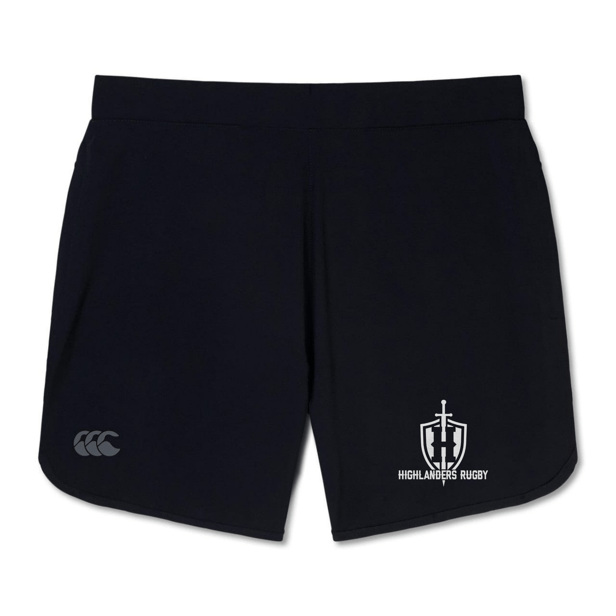 The Highlanders Rugby NC Women's Elite Woven Shorts by EMB Canterbury are durable and comfortable black rugby shorts that feature the Canterbury logo on the left leg and the Highlanders Rugby logo on the right leg. These versatile gym shorts are perfect for any workout.